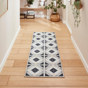 Washable Victoria H1190 Modern Vintage Geometric Diamond Tile Lightweight Printed Polyester Flatweave Grey/Beige Rug-Think Rugs-Rug Love - The Most Loved Rug Store